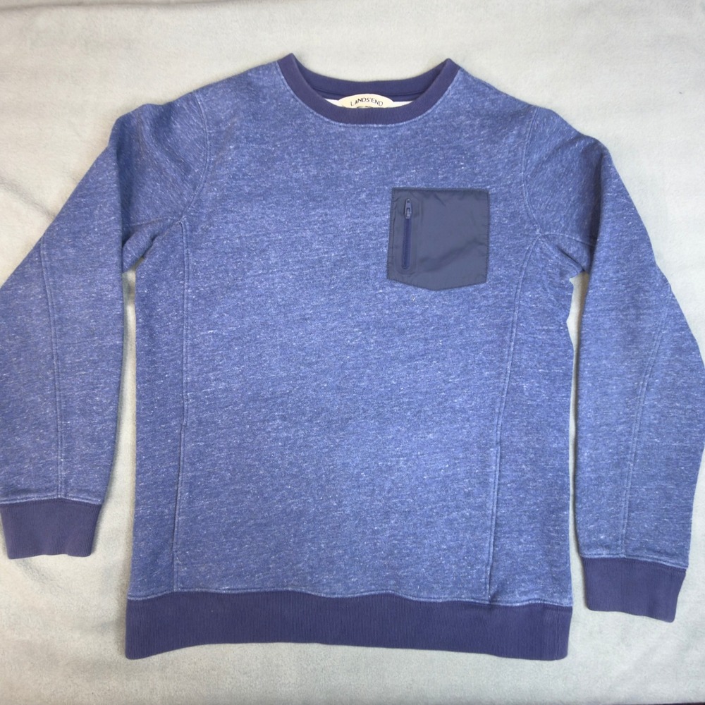 Lands End Boys Blue Marl Fleece Sweatshirt Zipper Pocket Large 14-16 Crew Neck